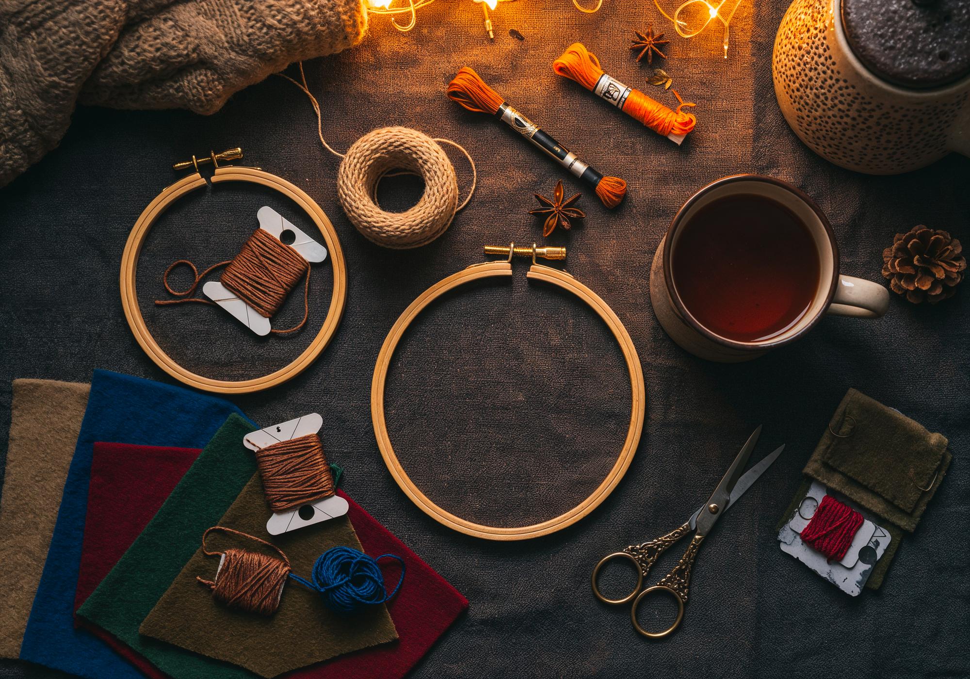 Stylish workshop table with embroidery tools